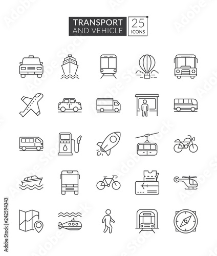 Transportation and vehicle icons. Simple set of transport related vector line icons. Transport outline icons