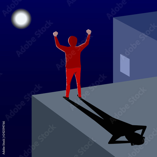 Cartoon character, a man standing on roof top at night and raise his hands over head. vector illustration eps 10