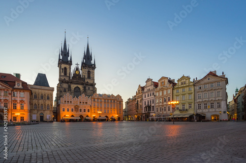 Prague old town square with view of Tyn Church in Czech Republic