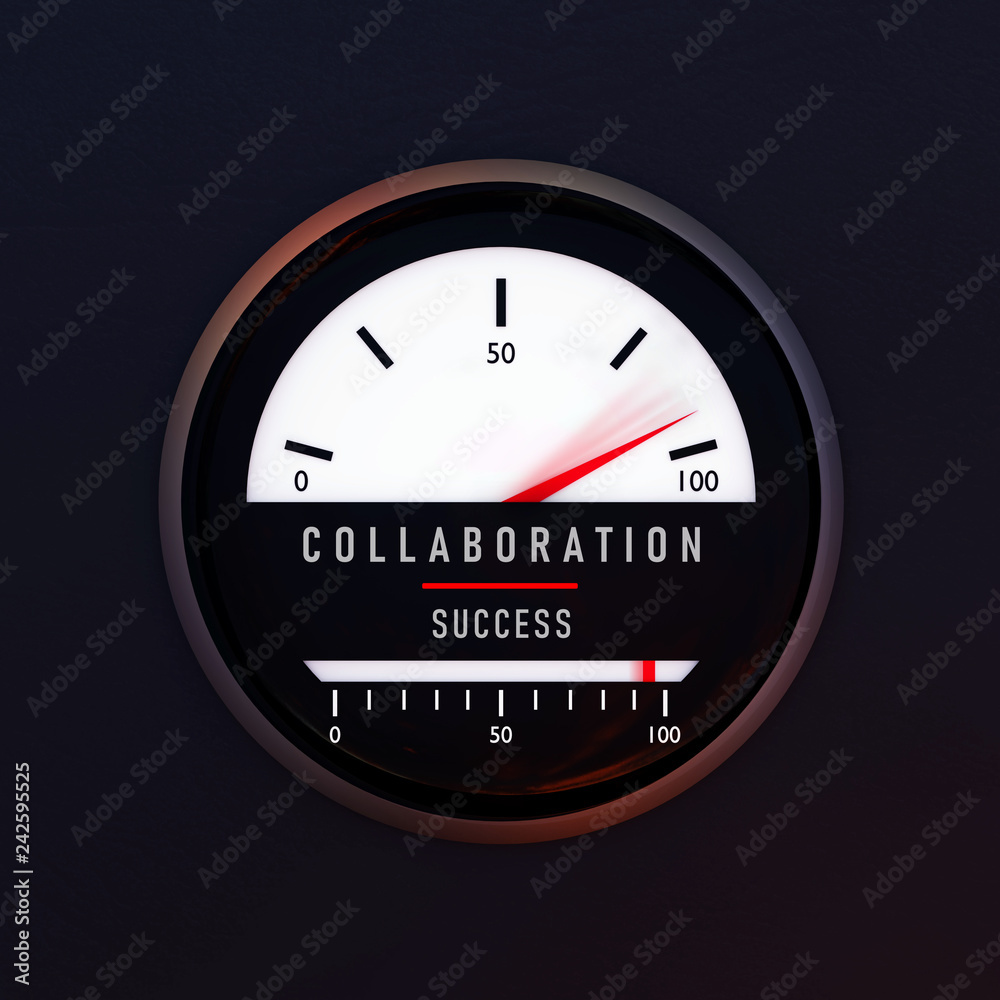The connection between collaboration and success. Speedometer as a symbol for percentage increase The connection between collaboration and success. Speedometer as a symbol for percentage increase