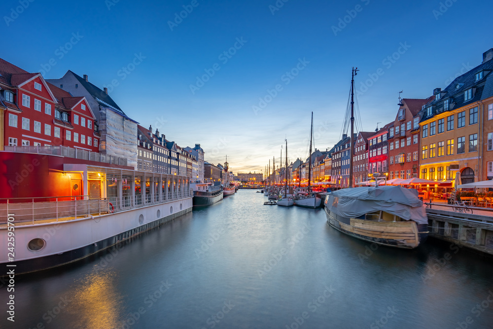 Panorama view of Nyhavn landmark in Copenhagen city, Denmark