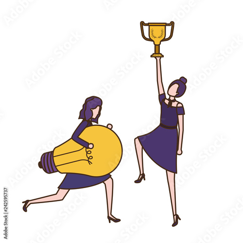 businesswomen with trophy and light bulb character