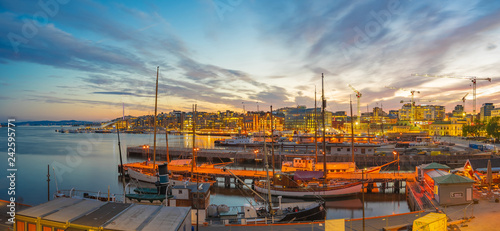 Oslo cityscape at night with view of Port in Oslo city, Norway