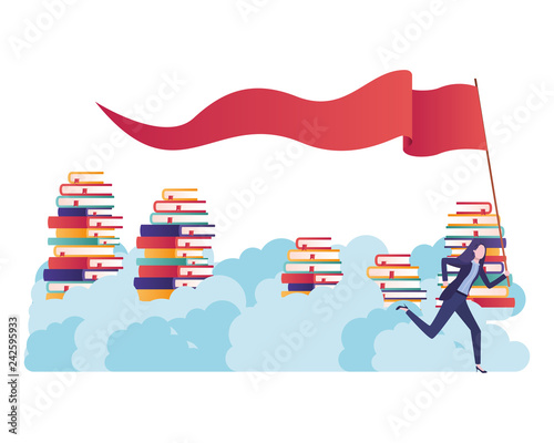 businesswoman with stack of books and flag