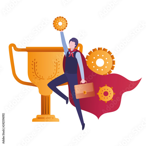 businessman with trophy and hero layer