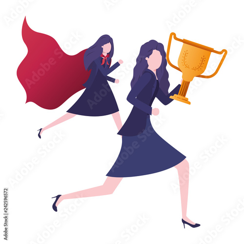 businesswomen with hero coat and trophy