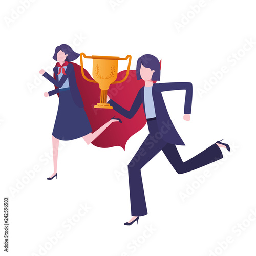 businesswomen with hero coat and trophy