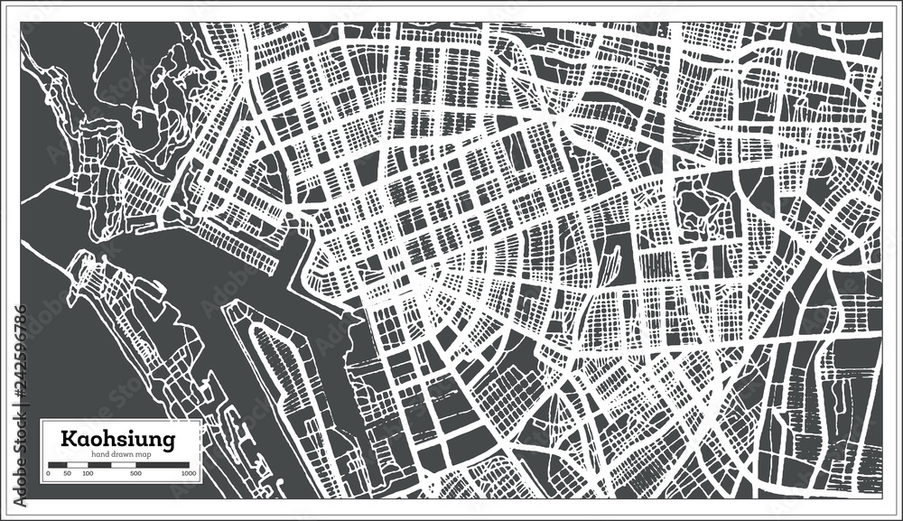 Fototapeta premium Kaohsiung Taiwan City Map in Retro Style. Outline Map.
