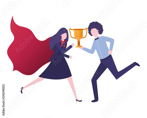 business couple with hero coat and trophy