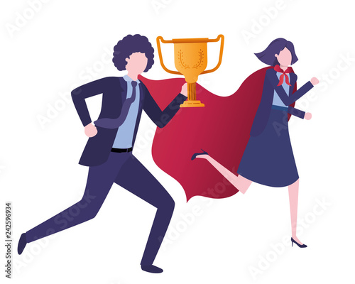 business couple with hero coat and trophy