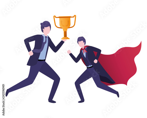 businessmen with hero coat and trophy