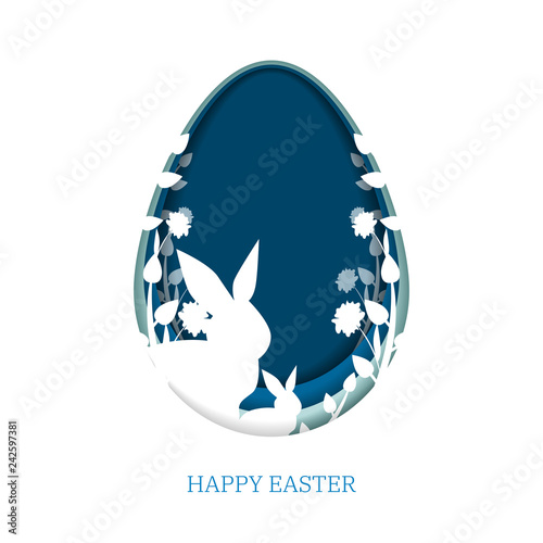 3d paper cut illustration of Easter rabbit with plants and flowers, layer art style,  egg shape. Happy Easter phrase, greeting card template. Vector Illustration. 