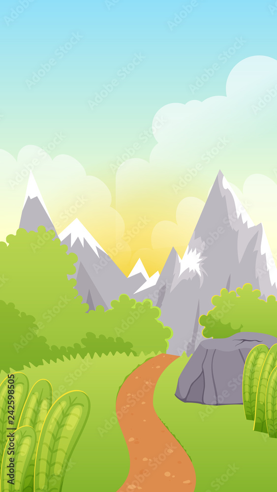 Cute cartoon game landscape background with hill, road, stone, plants, bushes and mountains. Vector illustration for gui, web design, phone wallpaper.