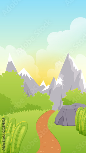 Cute cartoon game landscape background with hill, road, stone, plants, bushes and mountains. Vector illustration for gui, web design, phone wallpaper.
