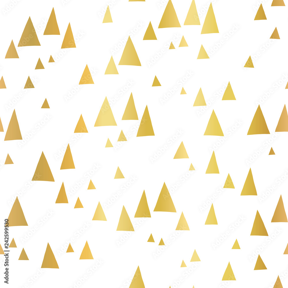 Scattered gold foil triangles on white seamless vector pattern. Abstract geometric background. Abstract mountain landscape in elegant shiny metallic foil. For cover, cards, poster, page fill, decor. Scattered gold foil triangles on white seamless vector pattern. Abstract geometric background. Abstract mountain landscape in elegant shiny metallic foil. For cover, cards, poster, page fill, decor.