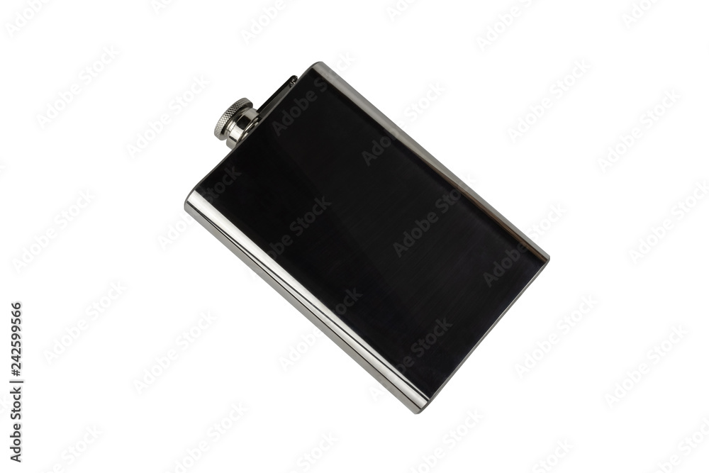 Stainless steel flat bucket flask isolated on white background Stainless steel flat bucket flask isolated on white background