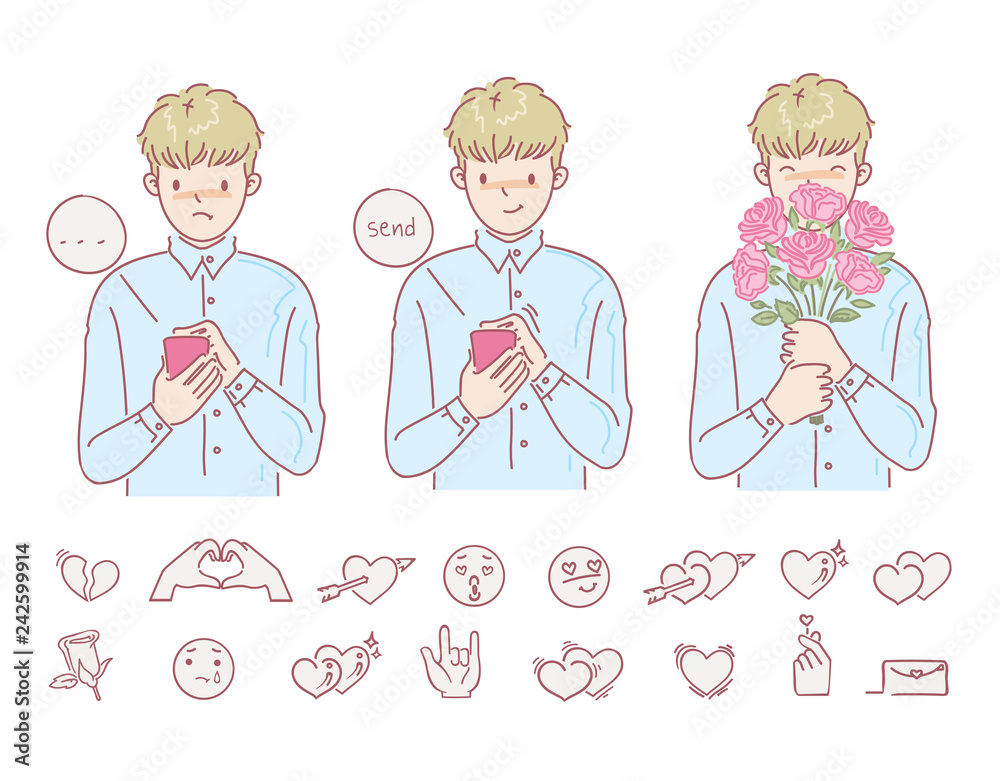 Love man holding flowers hands male. Feelings of fulfillment and disappointment. Using the phone to send messages. icon for the love set. vector design of hand drawn style.cartoon illustrations. Love man holding flowers hands male. Feelings of fulfillment and disappointment. Using the phone to send messages. icon for the love set. vector design of hand drawn style.cartoon illustrations.