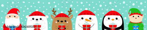 Santa Claus Elf White bear Snowman Raindeer Deer Penguin face icon set. Holding gift box. New Year. Merry Christmas. Cute cartoon funny kawaii baby character. Flat design Blue snow background.