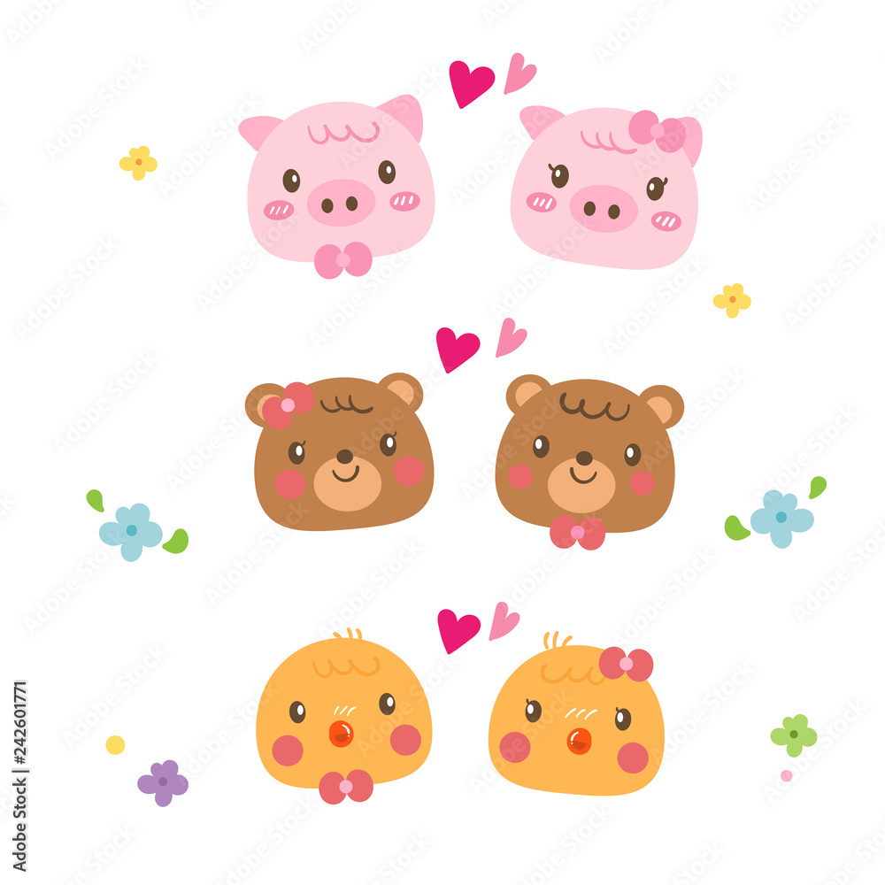 illustrator of Animal couple collection cartoon (Valentine's day) - card  and Print for t-shirt. Romantic hand drawing illustration for children.  Stock Vector | Adobe Stock