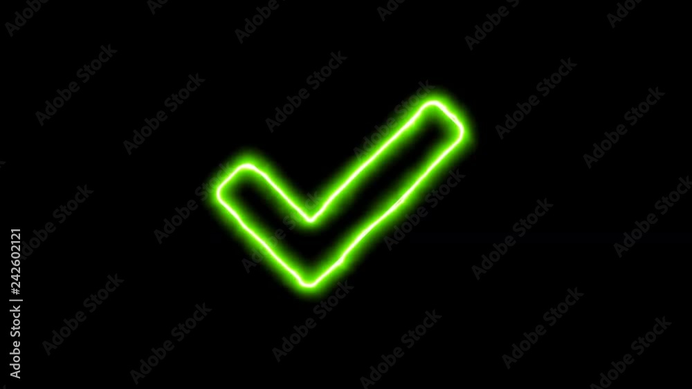 The appearance of the green neon symbol check. Flicker, In - Out. Alpha channel Premultiplied - Matted with color black The appearance of the green neon symbol check. Flicker, In - Out. Alpha channel Premultiplied - Matted with color black