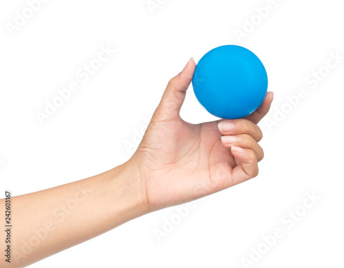 hand holding Plastic ball isolated on white background