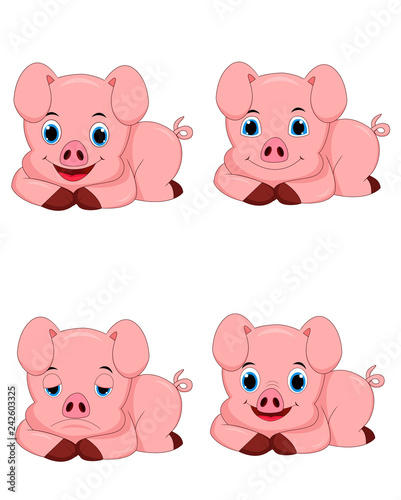 Set of cute pig cartoon characters isolated on white background