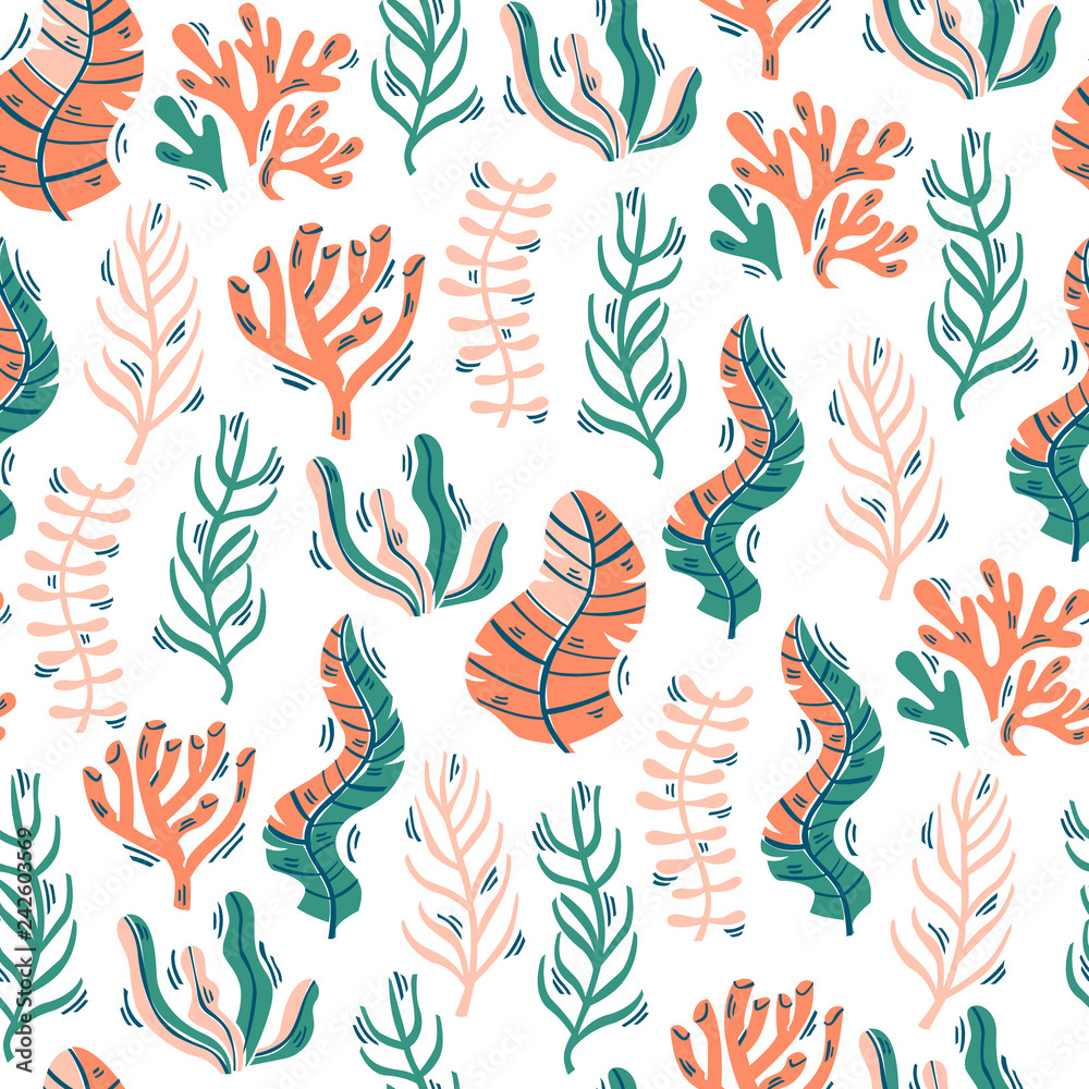 Fototapeta premium Vector Seamless Pattern with Seaweed and Corals. Hand Drawn Vector Illustration.