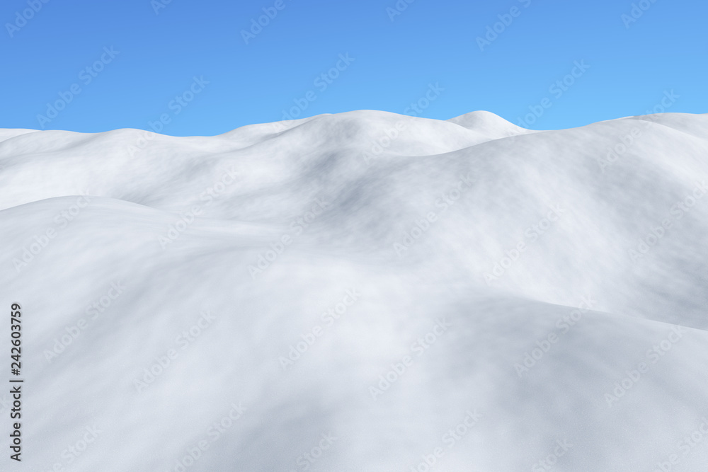Fototapeta premium White snowy field with hills, winter landscape