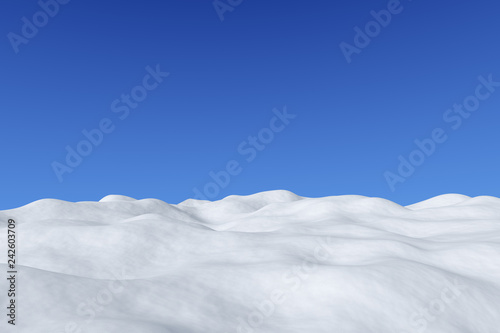 White snowy field with hills winter landscape.