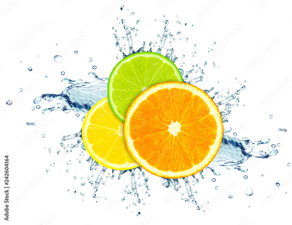 lemon, orange and lime slice of water splash isolated on white lemon, orange and lime slice of water splash isolated on white