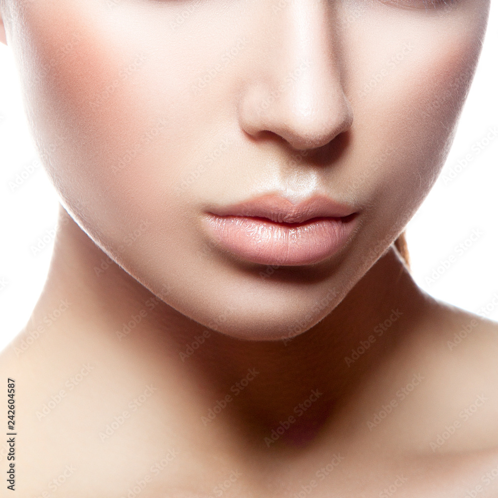 Lips, part of face of beauty model girl. Clean fresh perfect skin. Skincare facial treatment concept