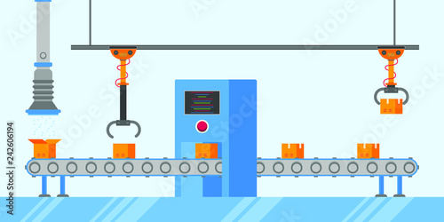 Smart industry 4.0 and technology assembly line flat style design vector illustration concept. Production conveyor belt with factory production line with robot arms, cardboard boxes and automated line