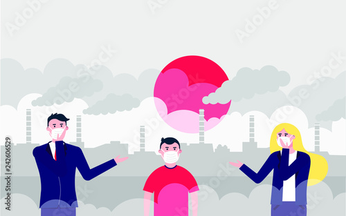 Confused man, woman, kid masks against smog. Fine dust, air pollution, industrial smog protection concept flat style design vector illustration. Industrial plant pipes with huge clouds of smoke behind