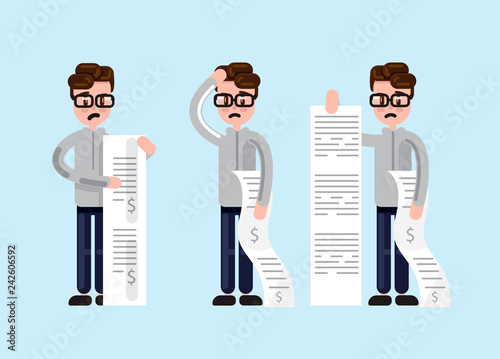 Simple cartoon man in glasses looking scared and depressed while holding long paper bills 
