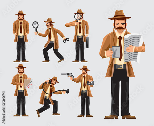 Set Of Cartoon Man Doing Detective Job And Investigation On Blue Background
