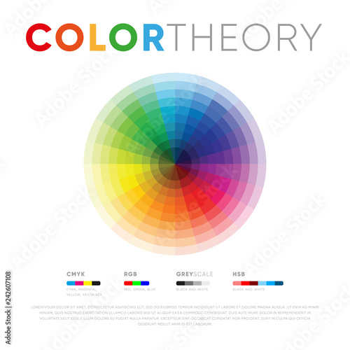 Creative poster showing color theory presentation with circle in gradient shades isolated on white background
