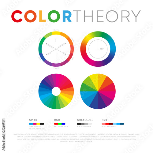 Creative set of various color theory presentation circles on white background