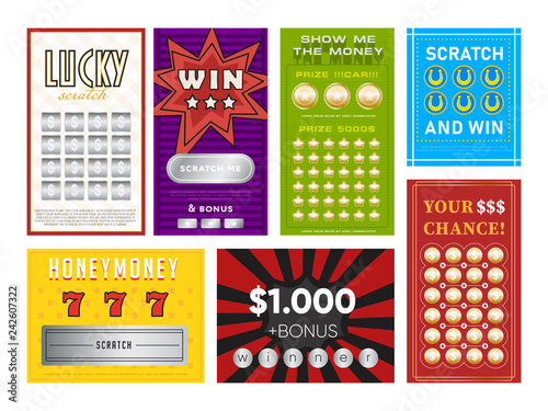 Set of various multicolored lottery tickets with scratch lines isolated on white background
