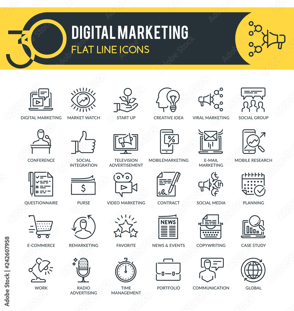 Plakat Ikony zarysu marketingu cyfrowego