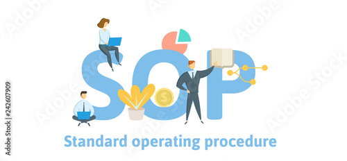 SOP, Standard Operating Procedure. Concept with keywords, letters and icons. Colored flat vector illustration. Isolated on white background.