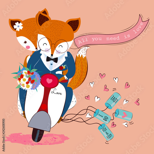 Cute and lovely valentine fox and foxy couple in love with flower bouquet on scooter and cans with text LOVE,I DO,FOX &FOXY,All you need is love and heart icon.
