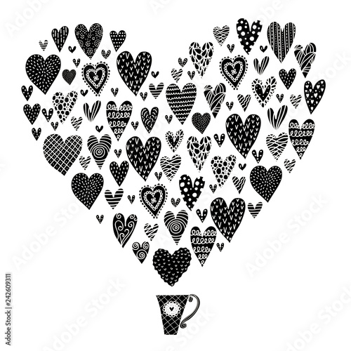 Love tea. Illustration for Valentine's day with a mug and a big heart of hearts. Vector silhouette.