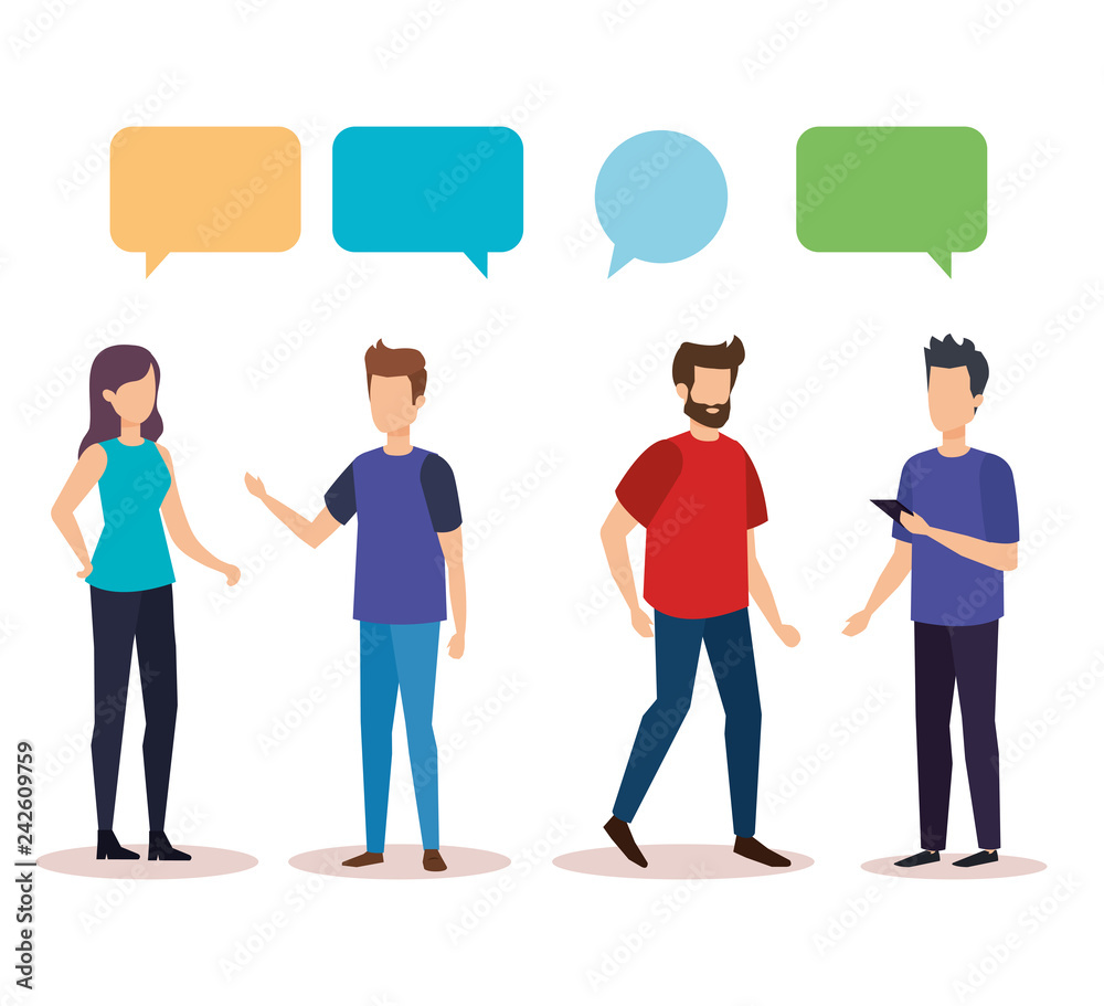 group of people with speech bubble characters