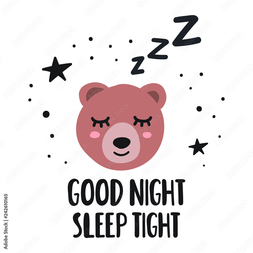 Vettoriale Stock Sleeping bear, good night sleep tight. Hand drawn icon  with lettering. Vector illustration for greeting card, textile t shirt,  print, stickers, posters design. | Adobe Stock