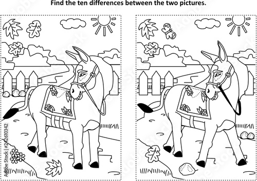 Find the ten differences picture puzzle and coloring page with donkey or burro walking at rural scene
