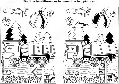 Find the ten differences picture puzzle and coloring page with working tip truck and hopper
