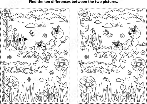 Spring or summer themed find the ten differences picture puzzle and coloring page with two cute caterpillars walking in the garden
