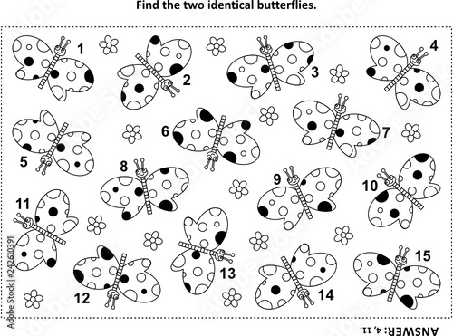 IQ training find the two identical butterflies visual puzzle and coloring page. Answer included.
