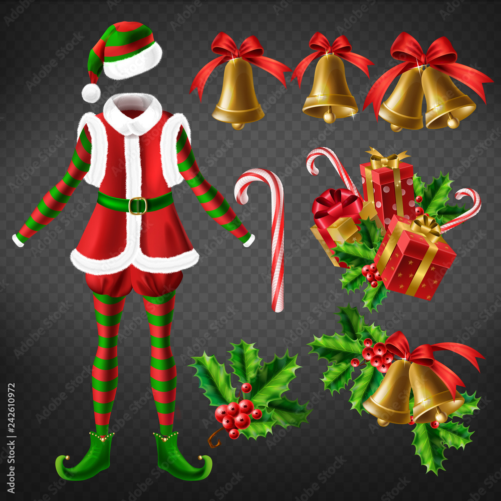 Winter holidays 3d realistic vector icons set. Elf empty costume, Christmas bells with red ribbon and holly leaves, caramel candy cane and gifts boxes illustrations isolated on transparent background