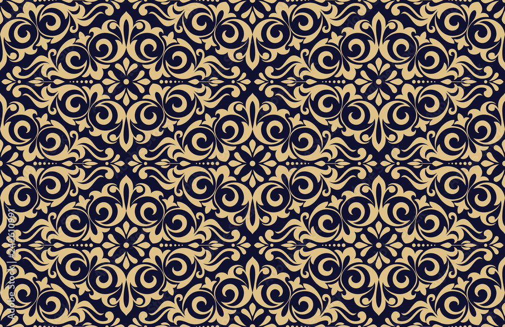 Floral pattern. Vintage wallpaper in the Baroque style. Seamless vector  background. Dark blue and gold ornament for fabric, wallpaper, packaging.  Ornate Damask flower ornament Stock Vector | Adobe Stock